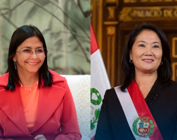 Delcy Rodríguez, con anteojos y saco rojo, y Keiko Fujimori, con la banda presidencial frente a la bandera del Perú, sonríen en una composición de dos fotografías.