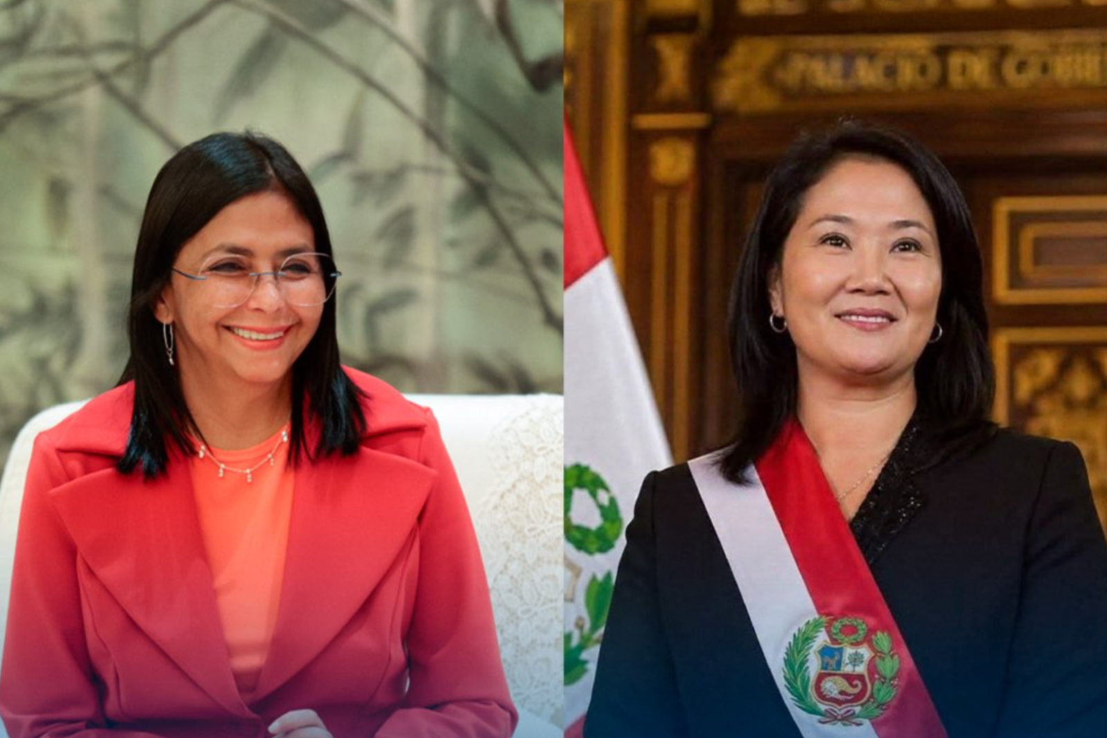 Delcy Rodríguez, con anteojos y saco rojo, y Keiko Fujimori, con la banda presidencial frente a la bandera del Perú, sonríen en una composición de dos fotografías.