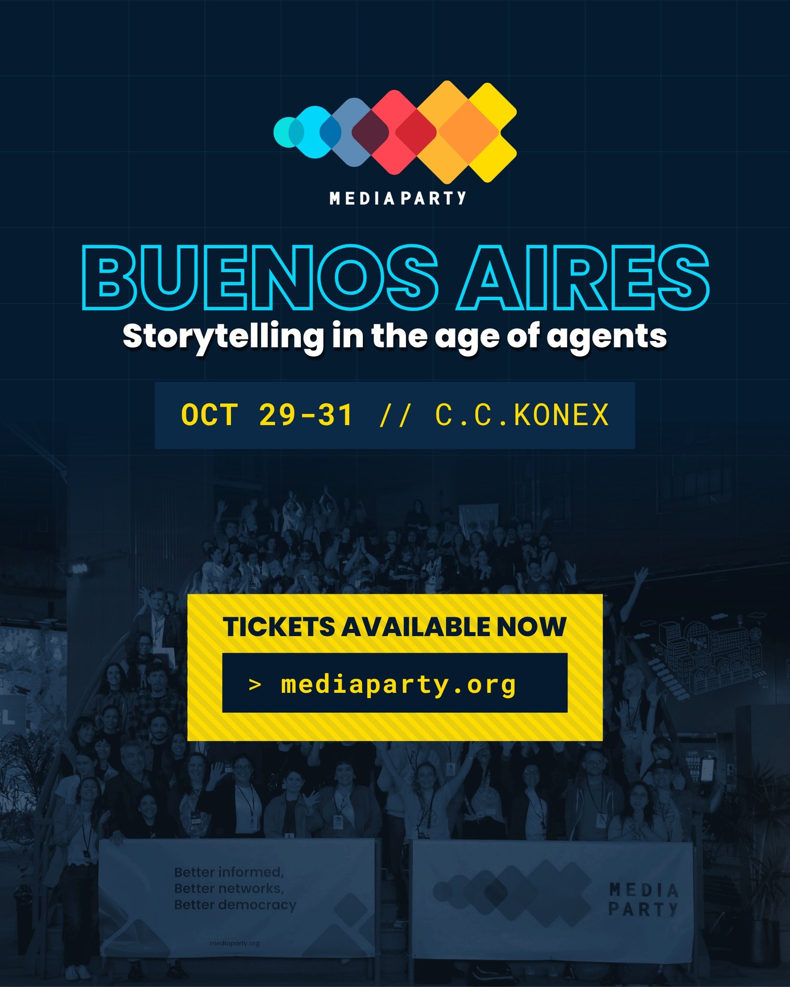 Flyer de Media Party Buenos Aires, del 29 al 31 de octubre en el C.C. Konex, con el lema «Storytelling in the age of agents»