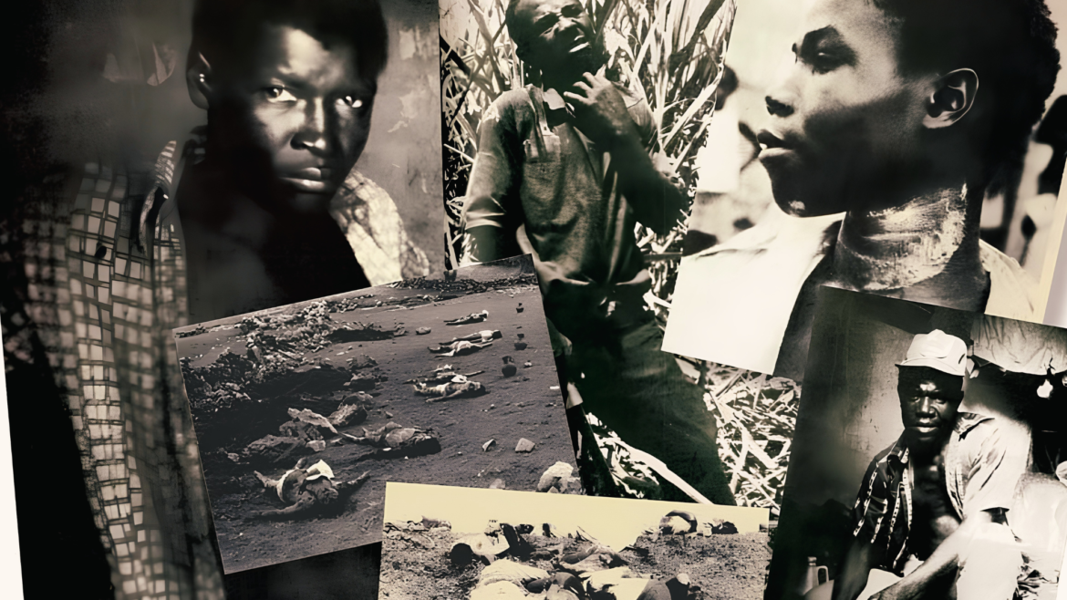 Montaje de fotografías en blanco y negro de braceros haitianos y de cuerpos tendidos sobre la tierra