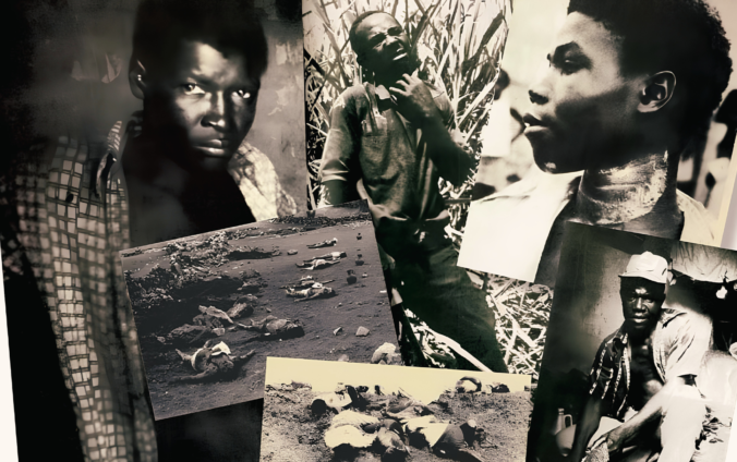 Montaje de fotografías en blanco y negro de braceros haitianos y de cuerpos tendidos sobre la tierra