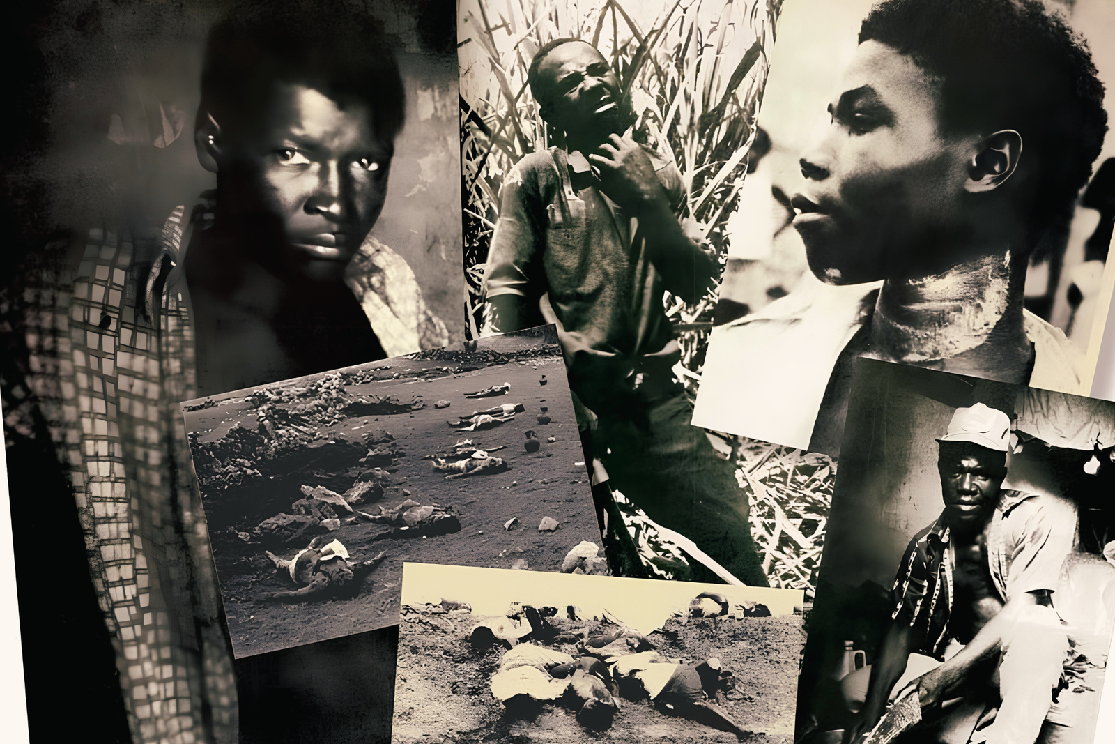 Montaje de fotografías en blanco y negro de braceros haitianos y de cuerpos tendidos sobre la tierra