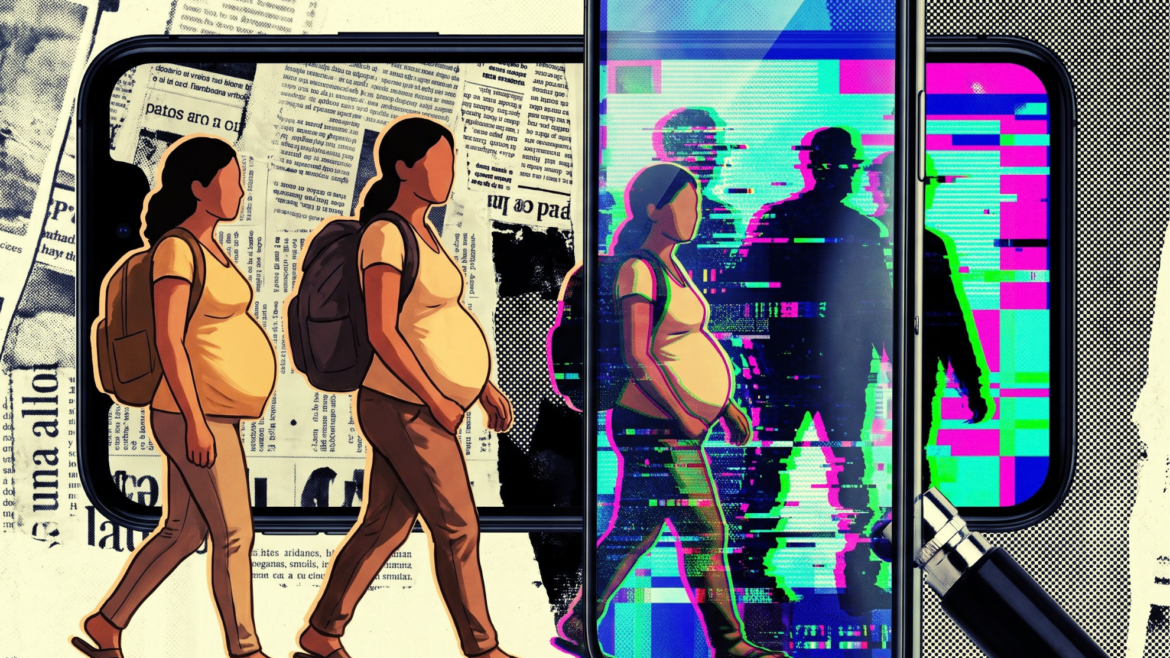 Representación conceptual de mujeres migrantes embarazadas y su representación en el mundo digital y las noticias falsas (Ilustración generada con IA por Refugio Latinoamericano usando Nano Banana)
