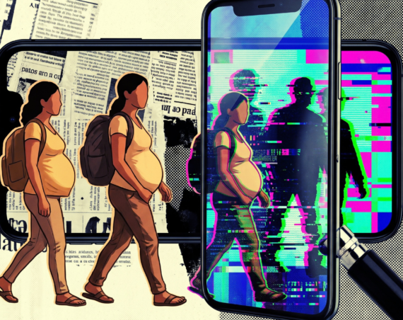 Representación conceptual de mujeres migrantes embarazadas y su representación en el mundo digital y las noticias falsas (Ilustración generada con IA por Refugio Latinoamericano usando Nano Banana)