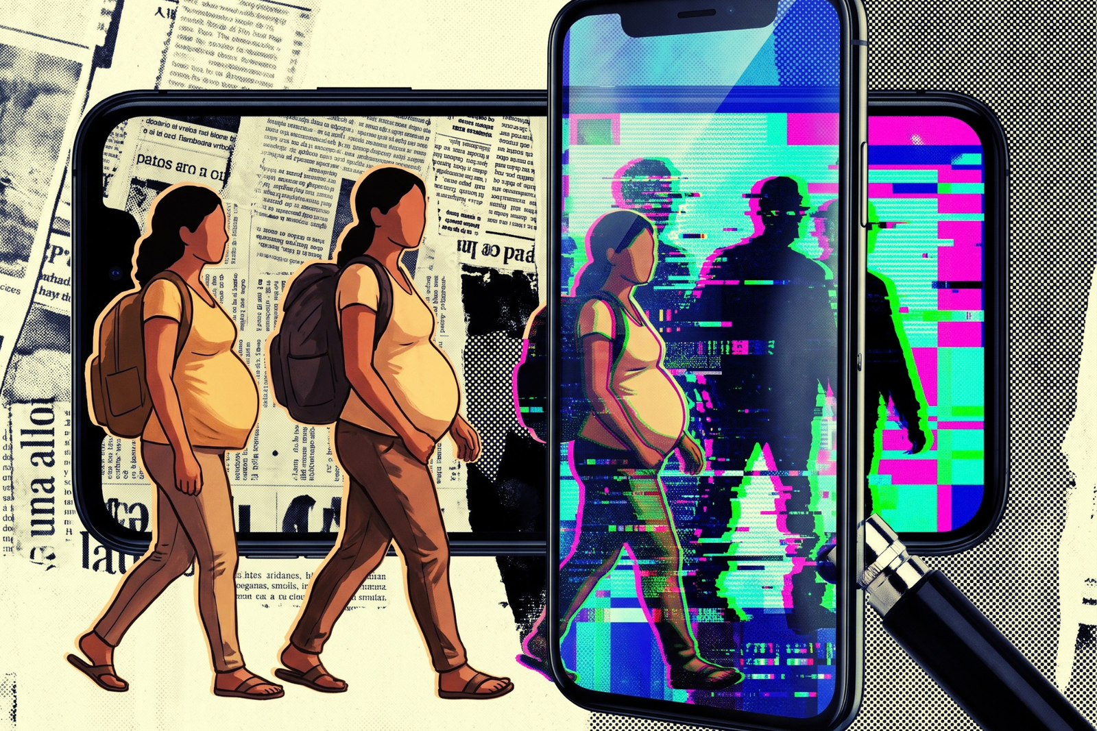 Representación conceptual de mujeres migrantes embarazadas y su representación en el mundo digital y las noticias falsas (Ilustración generada con IA por Refugio Latinoamericano usando Nano Banana)