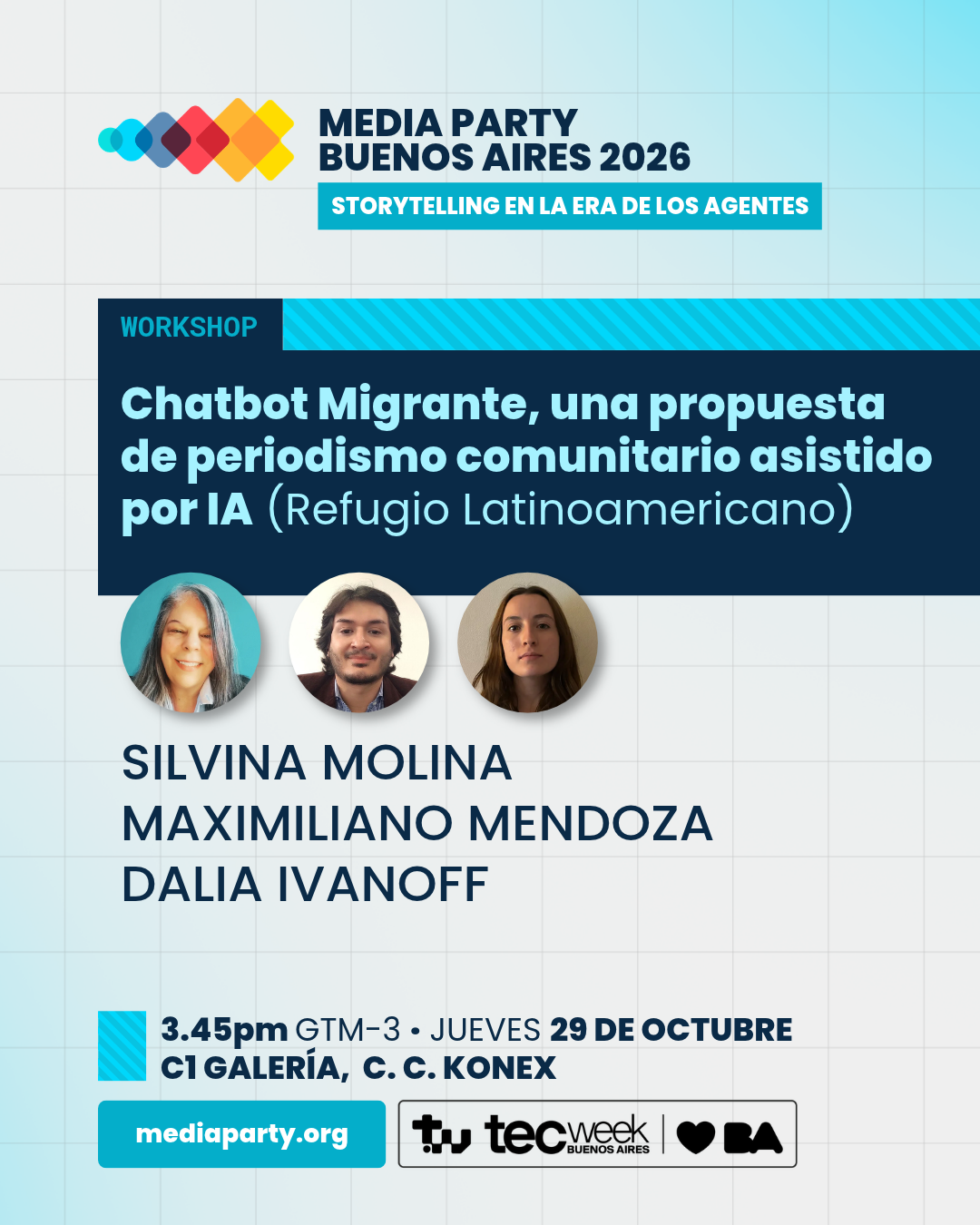Pieza del workshop «Chatbot Migrante» de Refugio Latinoamericano en Media Party, con fotos de Silvina Molina, Maximiliano Mendoza y Dalia Ivanoff