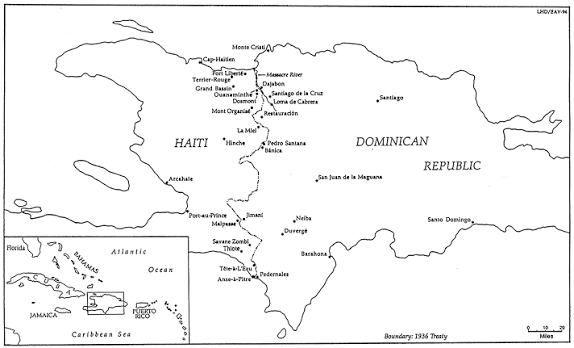 Mapa en blanco y negro de la isla La Española con la frontera entre Haití y República Dominicana y localidades como Dajabón y Ouanaminthe